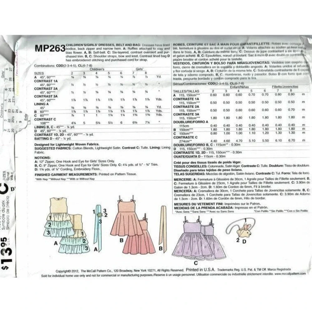 McCalls Sewing Pattern MP263 6496 Dress Belt Bag Girls Size‎ 6-8